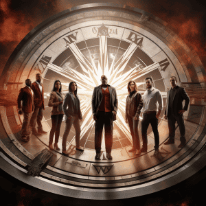 The cast of the tv series 'the avengers' standing in front of a clock.