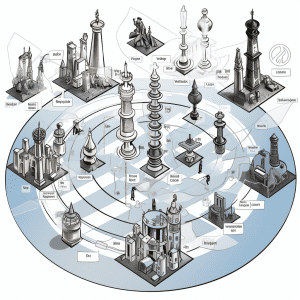 A diagram of chess pieces in a circle.