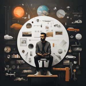 A man sitting on a chair surrounded by various objects.