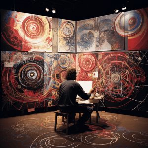 A man sitting at a table in front of a painting.