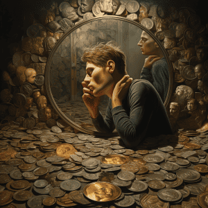 A man sitting in front of a mirror surrounded by coins.