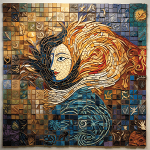 A mosaic painting of a woman with a flame in her hair.