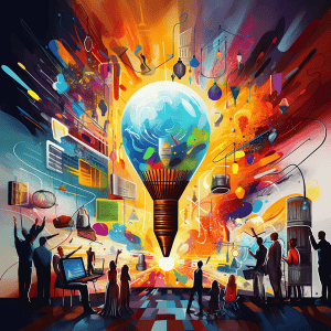A light bulb with people around it.